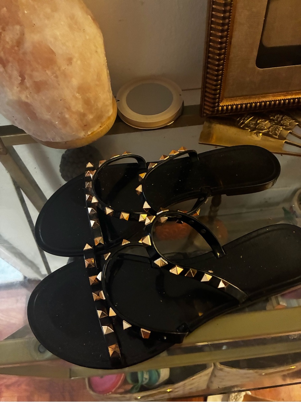 Rainbow Black Slide Sandals with Gold Studs
